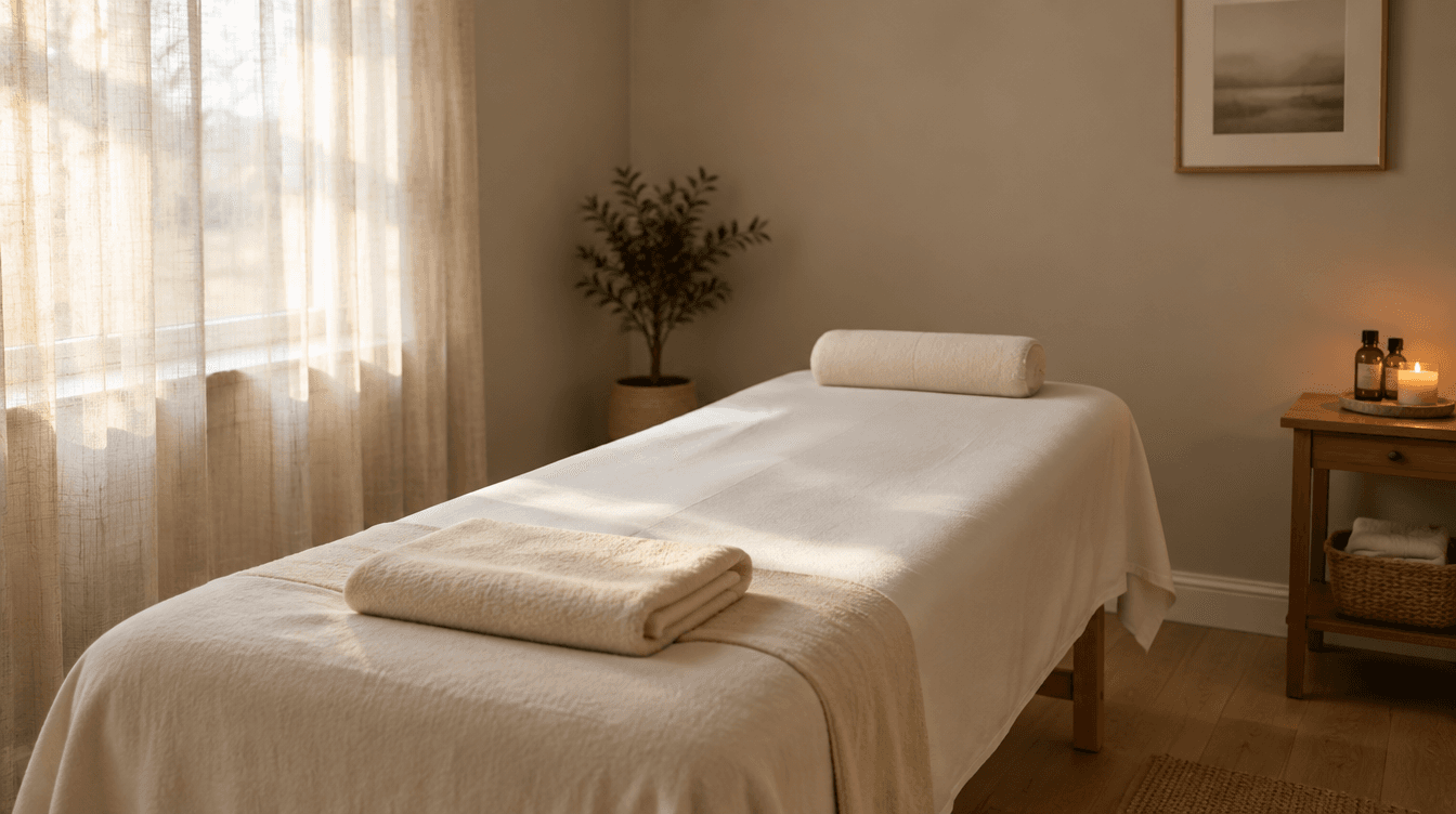 A treatment room, table dressed in fresh linen, light through a sheer curtain